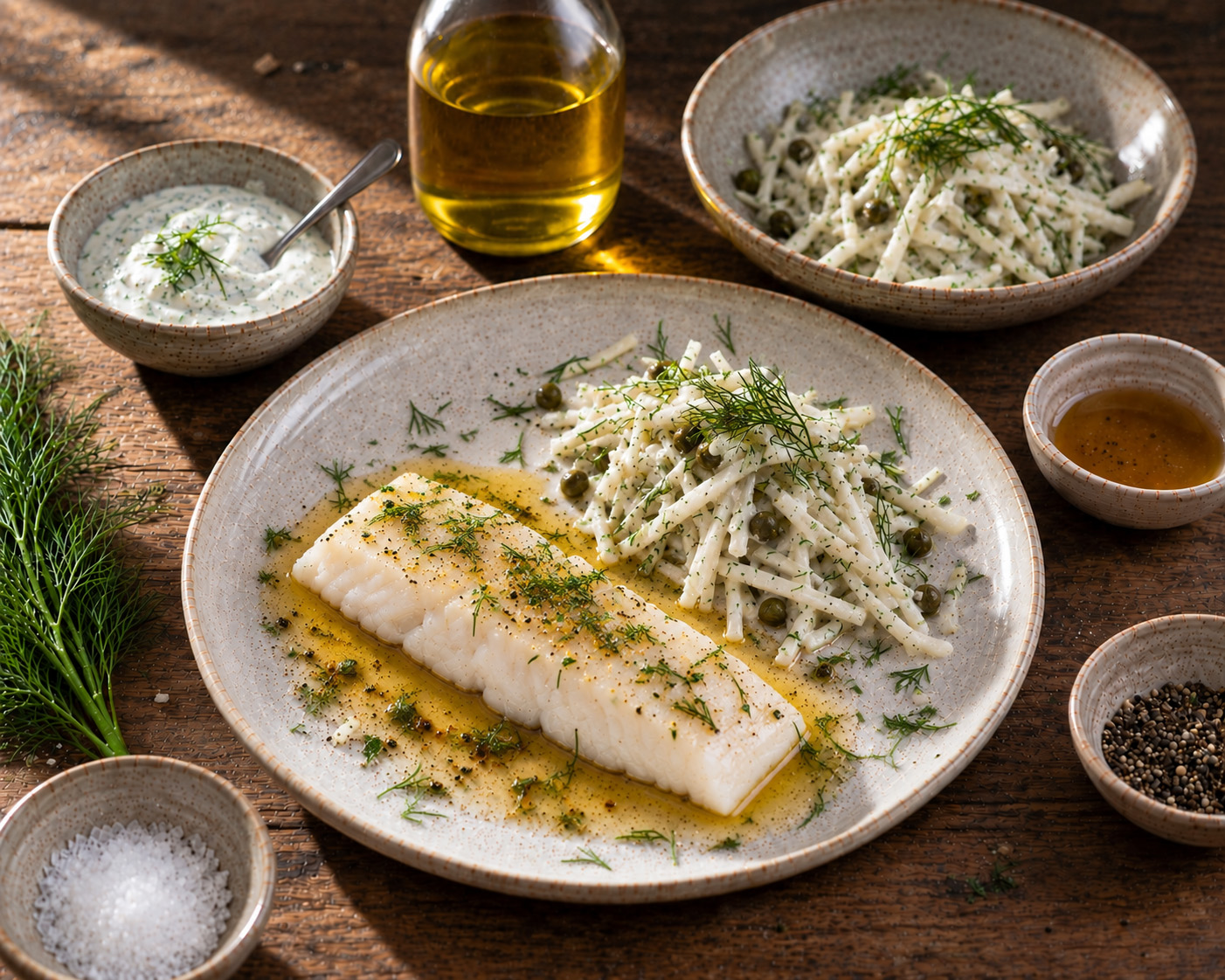 Gekonfijte kabeljauwfilet met koolrabisalade