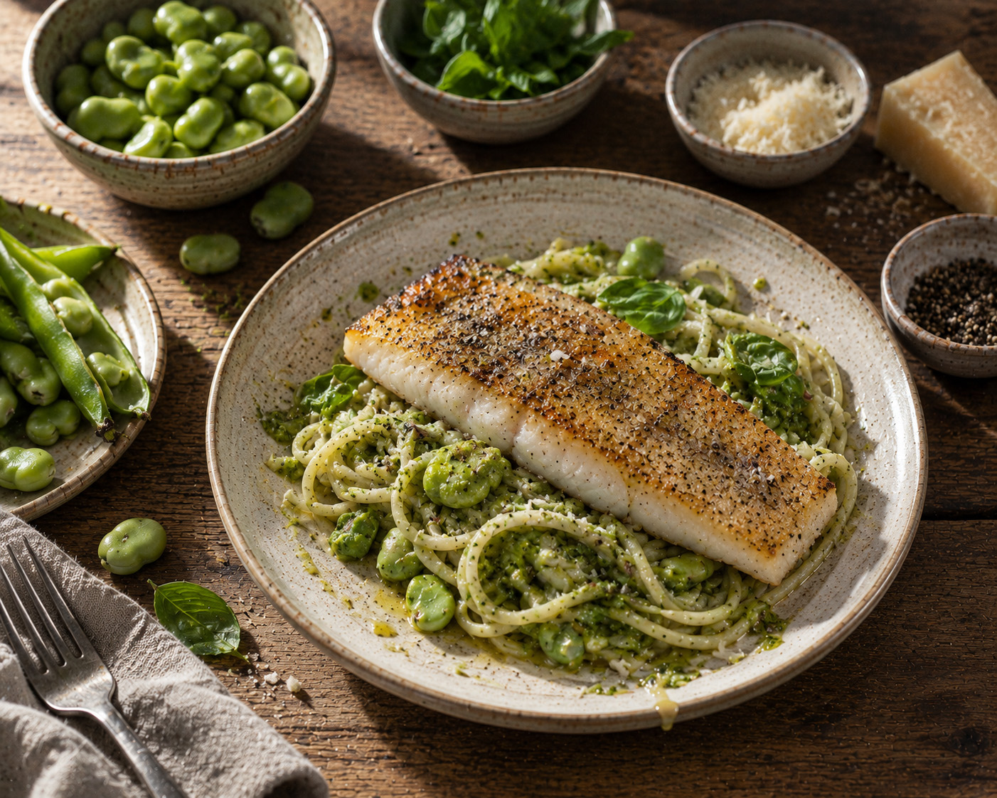 Schol met pesto van verse tuinbonen