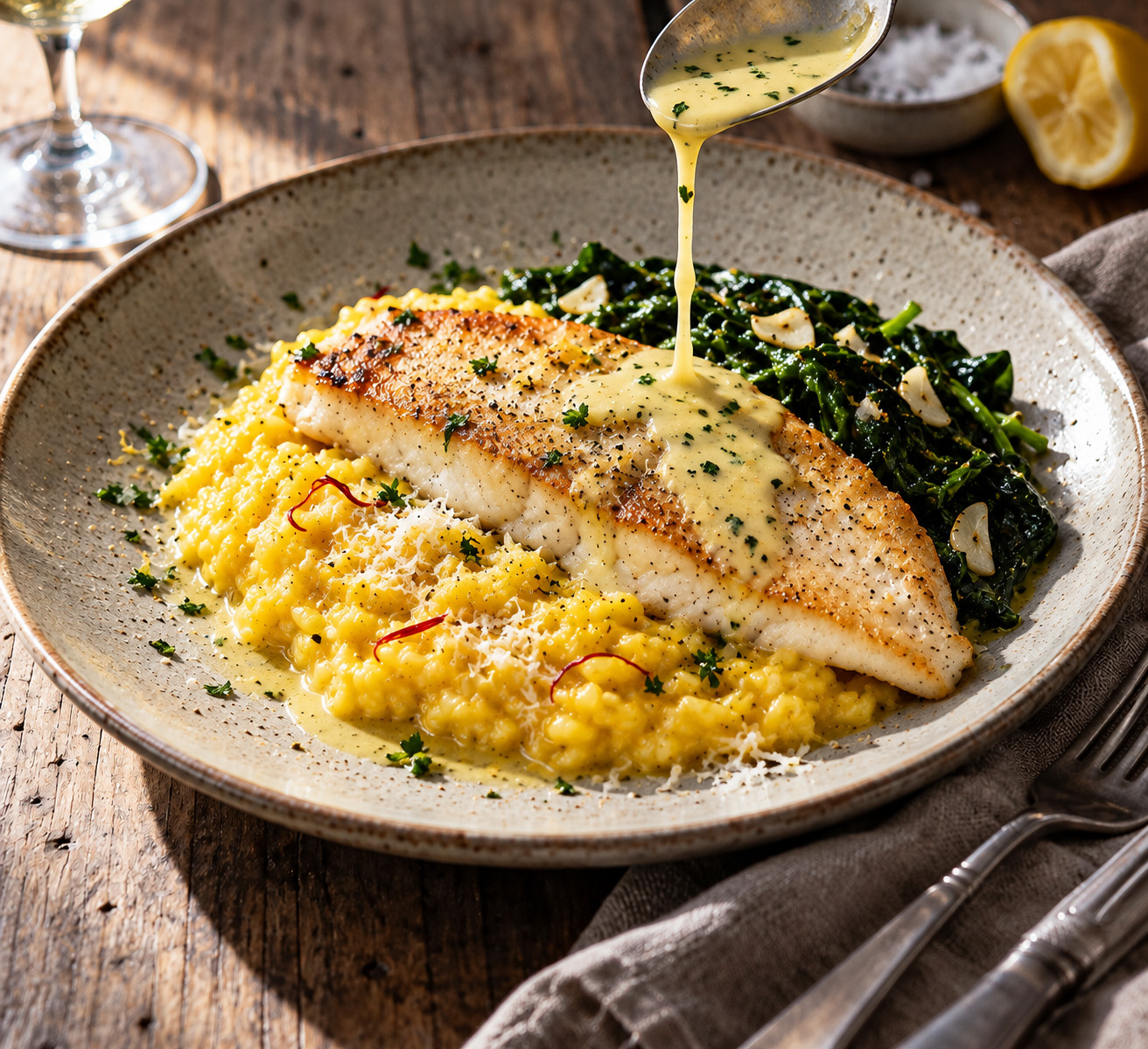Griet met romige risotto, marsala & saffraan