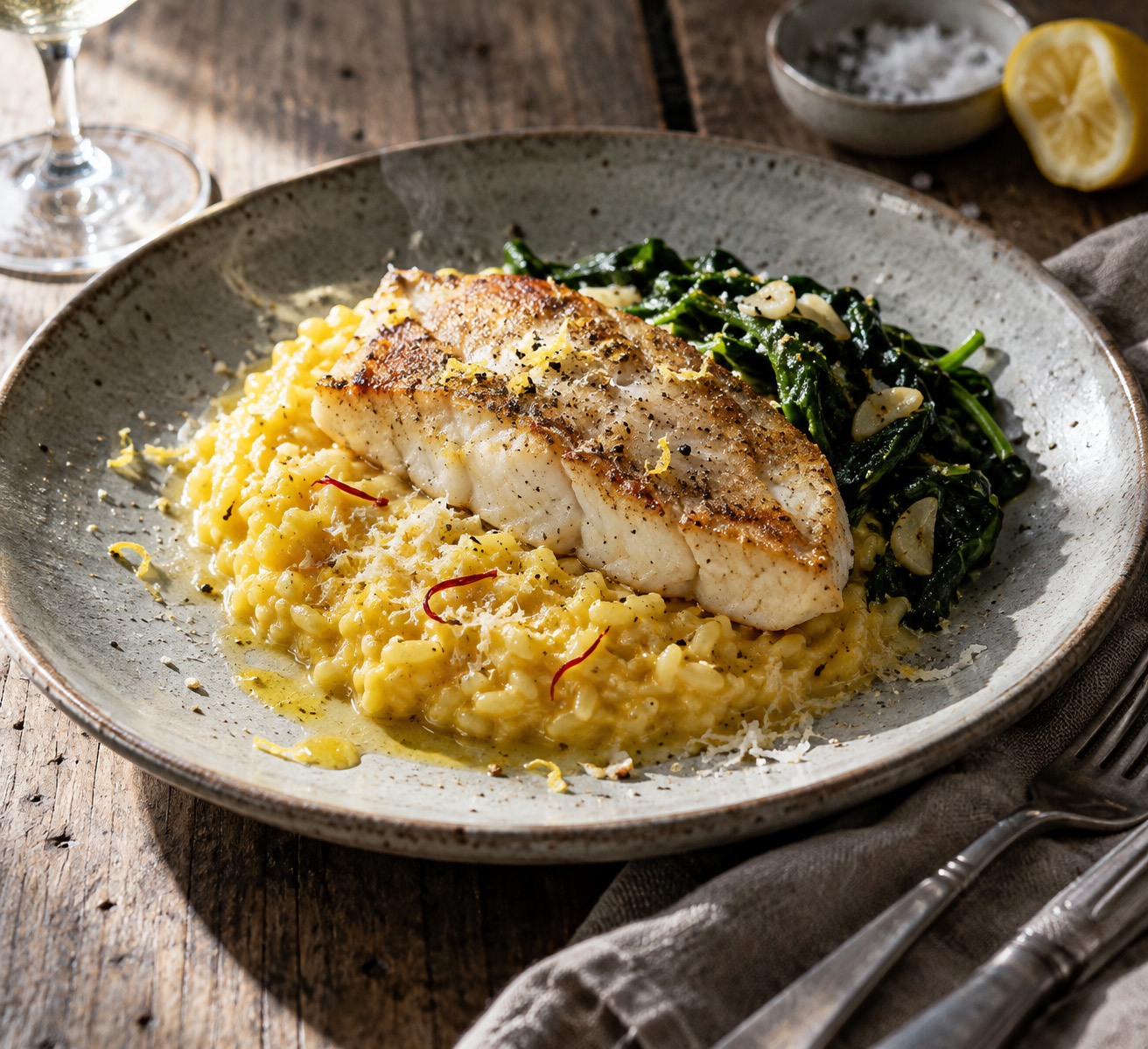 Tarbot met romige risotto, marsala & saffraan
