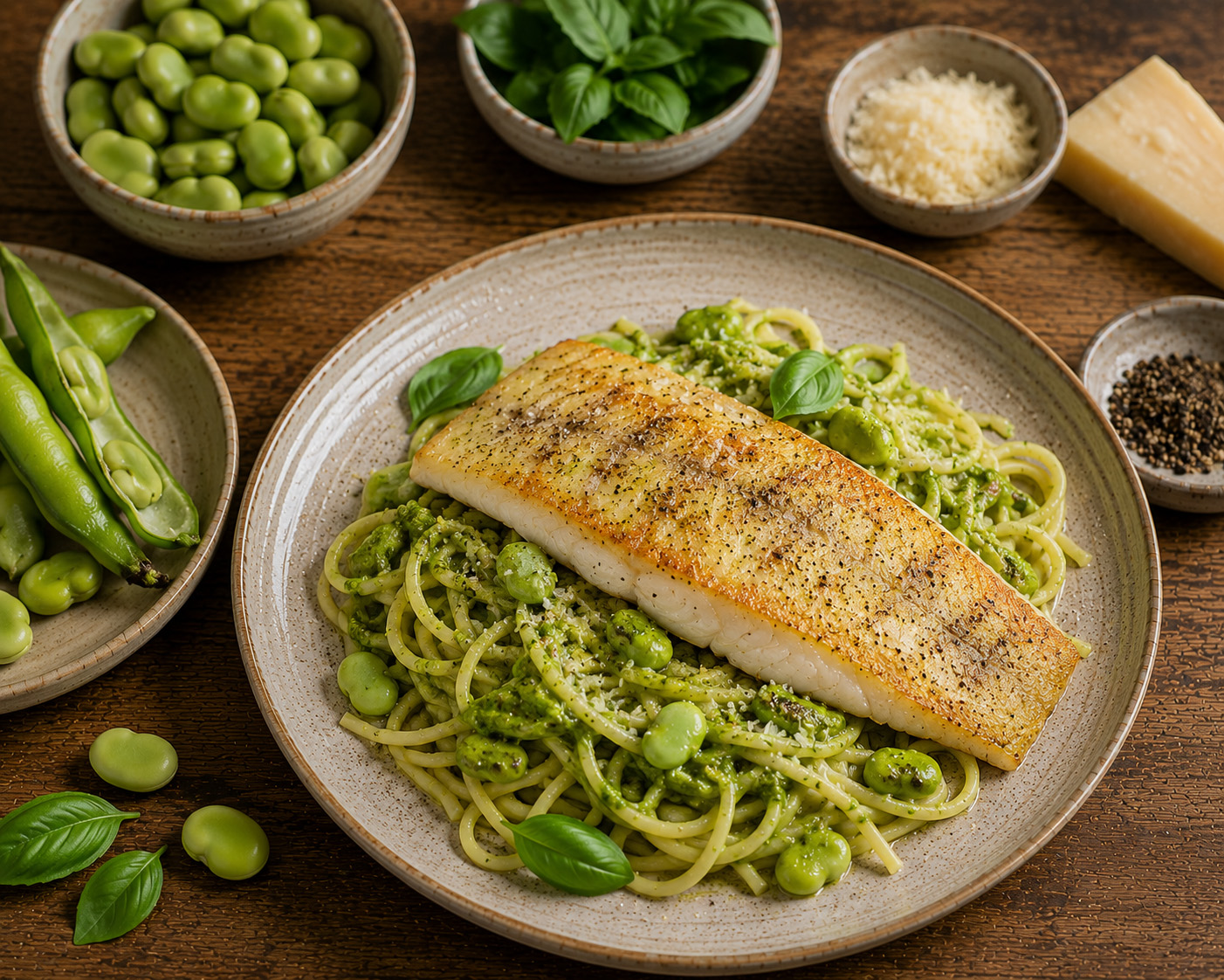 Schol met pesto van verse tuinbonen