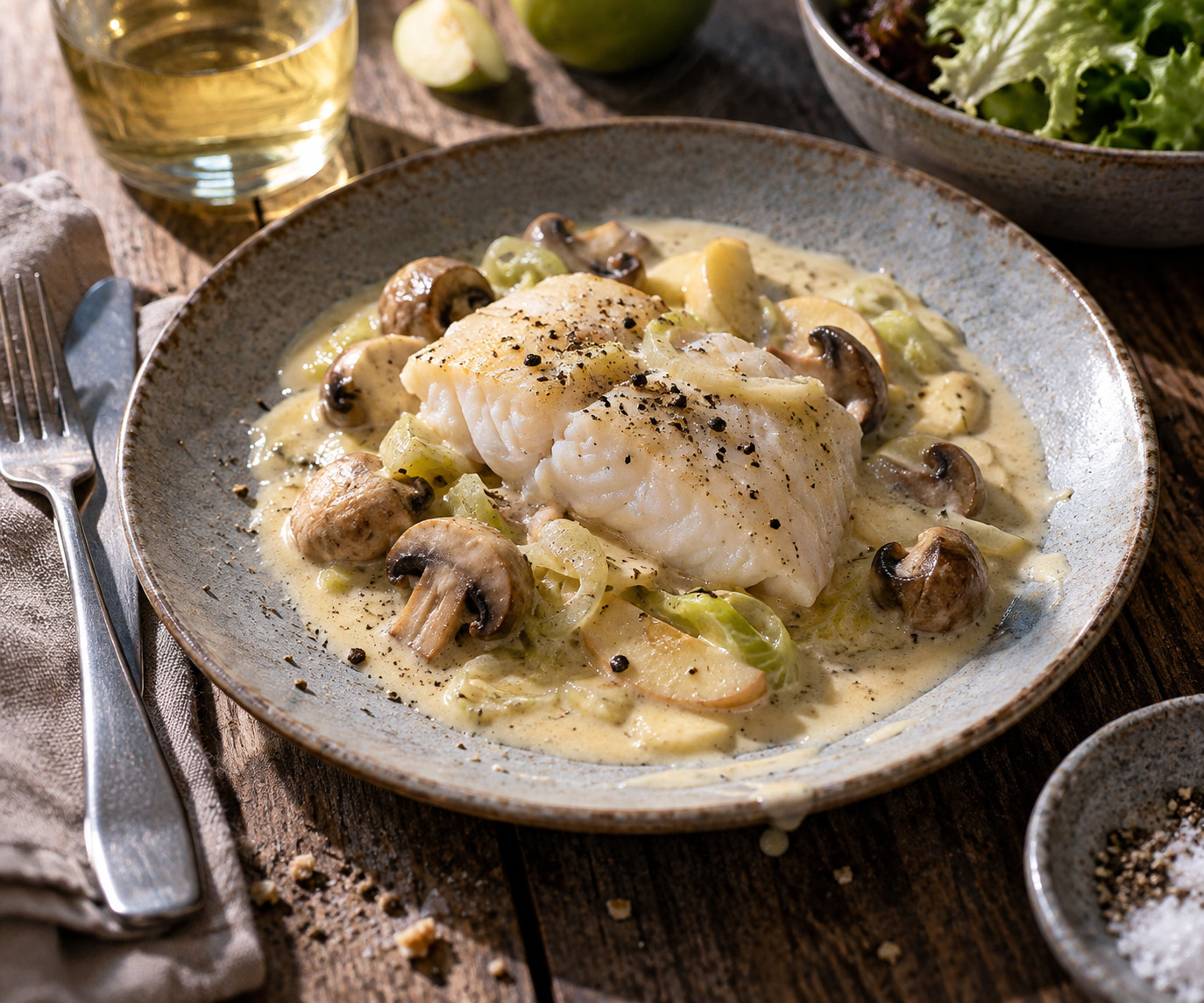 Tarbot met appel, prei & champignons
