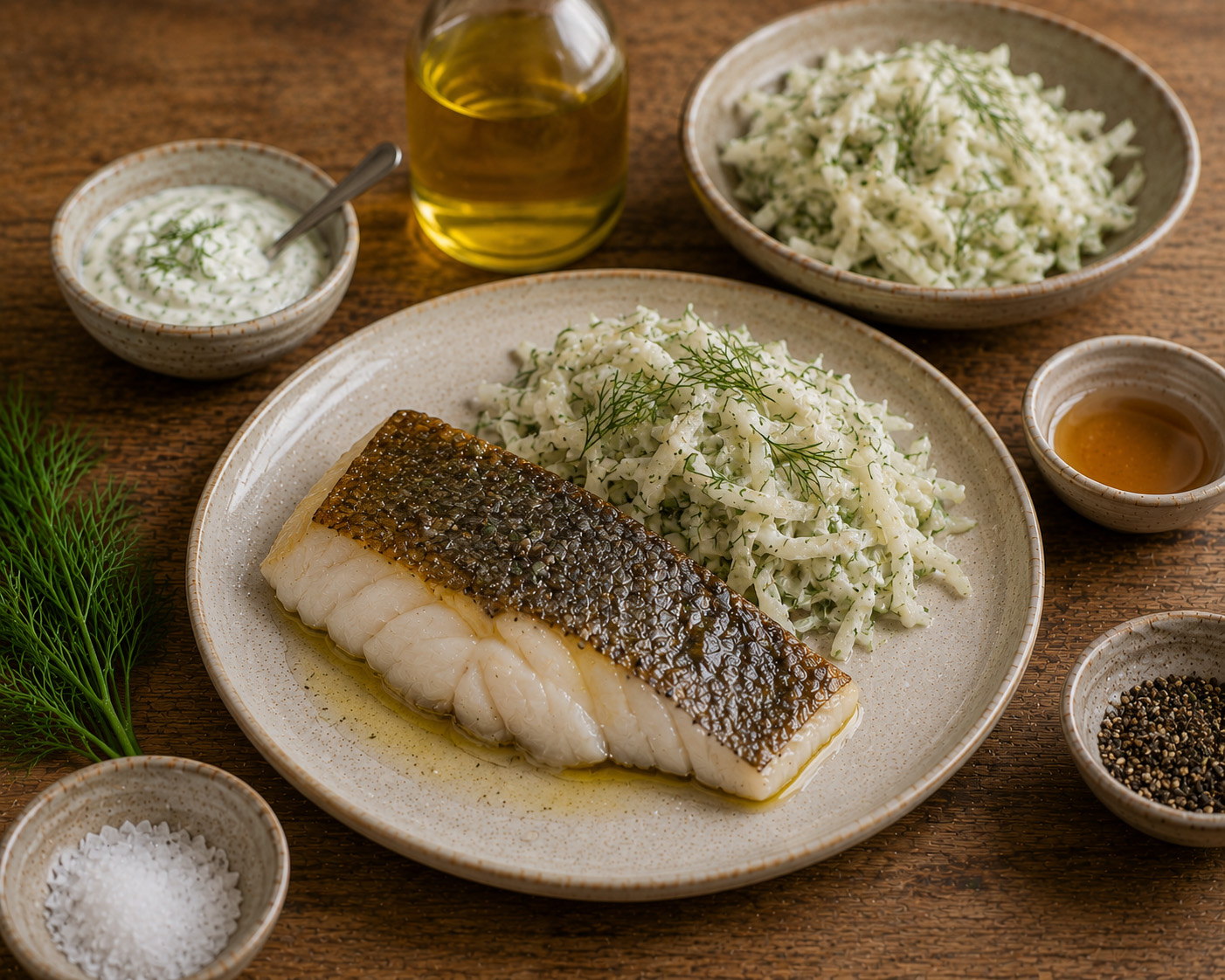 Gekonfijte kabeljauwfilet met koolrabisalade